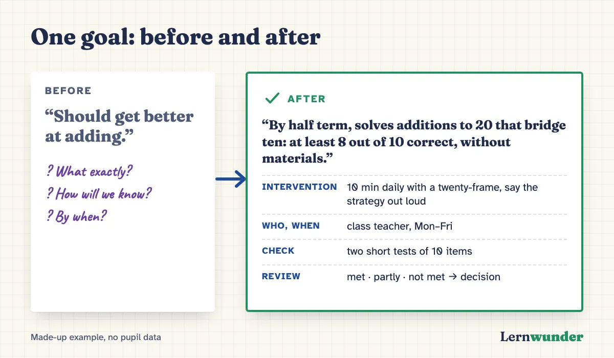 Graphic: Before and after. Before: “Should get better at adding.” After: “By half term, solves additions to 20 that bridge ten: at least 8 out of 10 correct, without materials, in two short checks.” Plus intervention, who, when and review date.