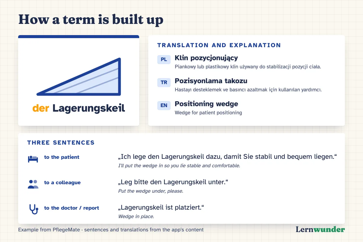 Chart: How a term is built up in PflegeMate, using “der Lagerungskeil” (positioning wedge) as an example. At the top the German word with its article, below it the translation and a short explanation in your own language. Then three German sentences: to the patient “Ich lege den Lagerungskeil dazu, damit Sie stabil und bequem liegen.” (I’ll put the wedge in so you lie stable and comfortable), to a colleague “Leg bitte den Lagerungskeil unter.” (Put the wedge under, please), to the doctor or in a report “Lagerungskeil ist platziert.” (Wedge in place).