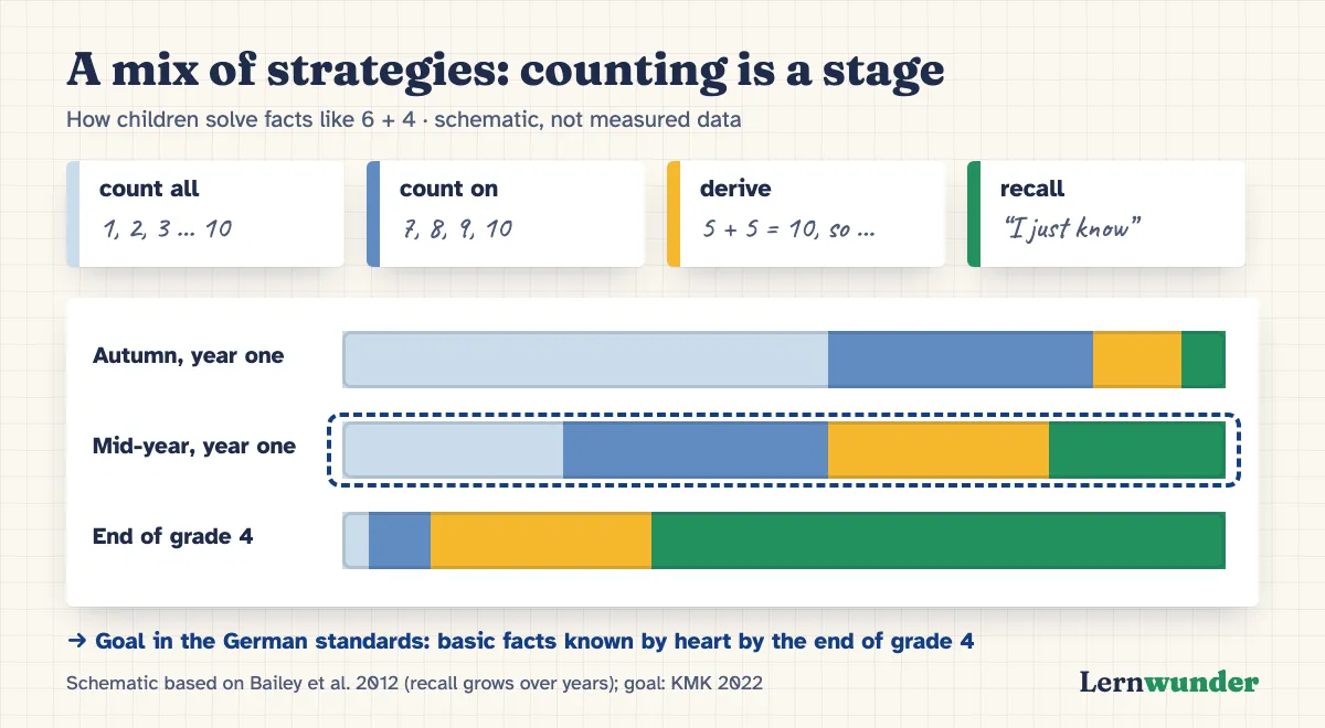 Chart: The strategy mix in the first school year, schematic. Four strategies side by side: count all, count on, derive (for example 6 + 4 from 5 + 5), recall. In autumn counting dominates, by mid-year all four are mixed, by the end of primary school recall dominates. Below: goal according to the German standards at the end of grade 4.