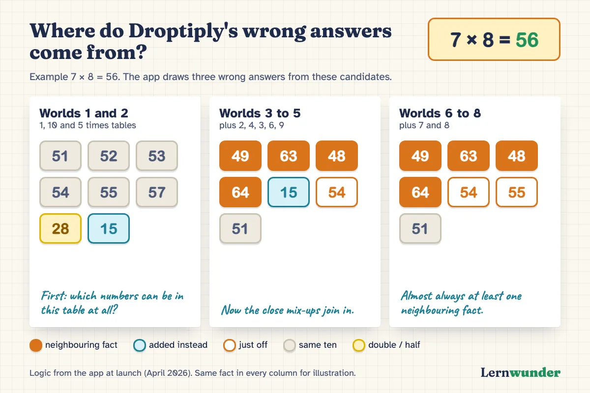 Chart: how Droptiply picks the three wrong answers, using 7 × 8 = 56. In worlds 1 and 2: numbers from the same ten, such as 51, 53, 55, plus double or half and the addition mix-up, such as 28 and 15. In worlds 3 to 5: neighbouring facts such as 48, 63, 49, 64, plus 15 and numbers just off. In worlds 6 to 8: neighbouring facts and numbers just off, such as 48, 63, 54, 55.