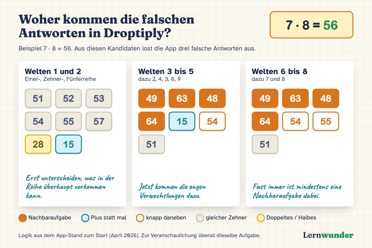 Grafik: Wie Droptiply die drei falschen Antworten wählt, am Beispiel 7 · 8 = 56. In den Welten 1 und 2: Zahlen aus demselben Zehner wie 51, 53, 55, dazu Doppeltes oder Halbes und Plus, etwa 28 und 15. In den Welten 3 bis 5: Nachbaraufgaben wie 48, 63, 49, 64, dazu Plus 15 und Zahlen knapp daneben. In den Welten 6 bis 8: Nachbaraufgaben und Zahlen knapp daneben, etwa 48, 63, 54, 55.