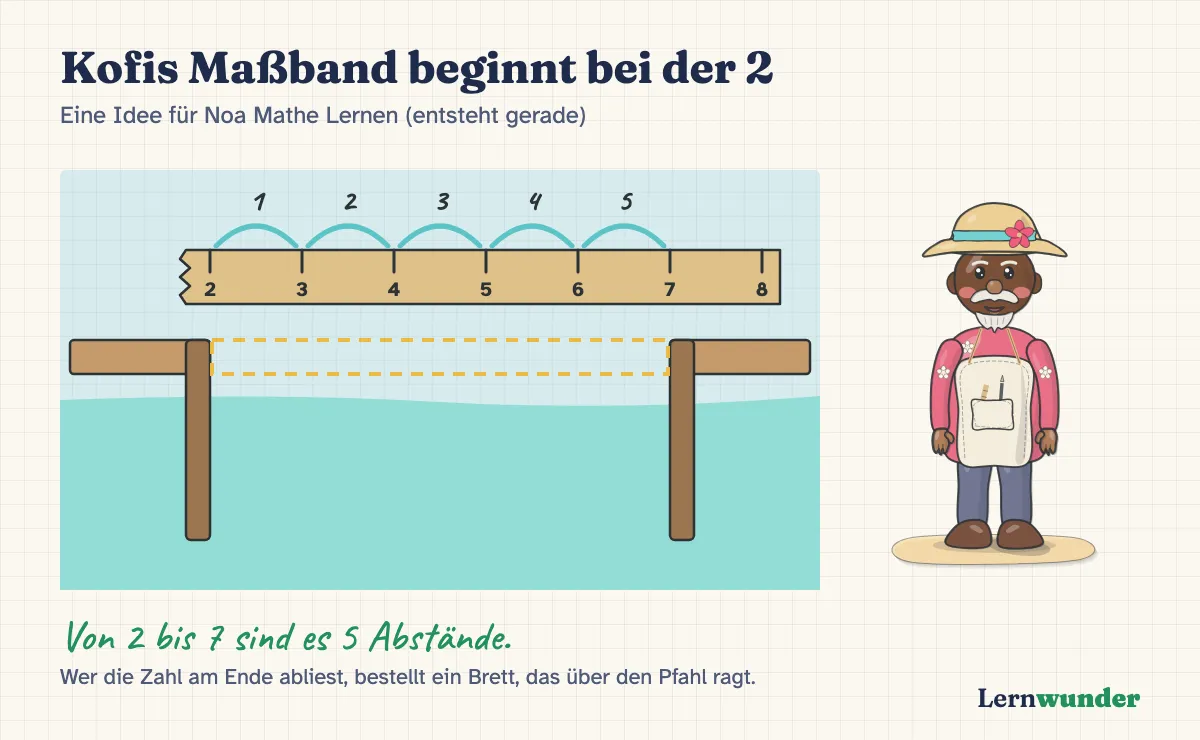 Grafik: Werftmeister Kofi mit Strohhut und Blütenhemd steht neben einem Steg mit Lücke. Über der Lücke liegt ein vorne abgerissenes Maßband, das bei 2 beginnt. Die Lücke reicht von 2 bis 7: fünf Abstände.