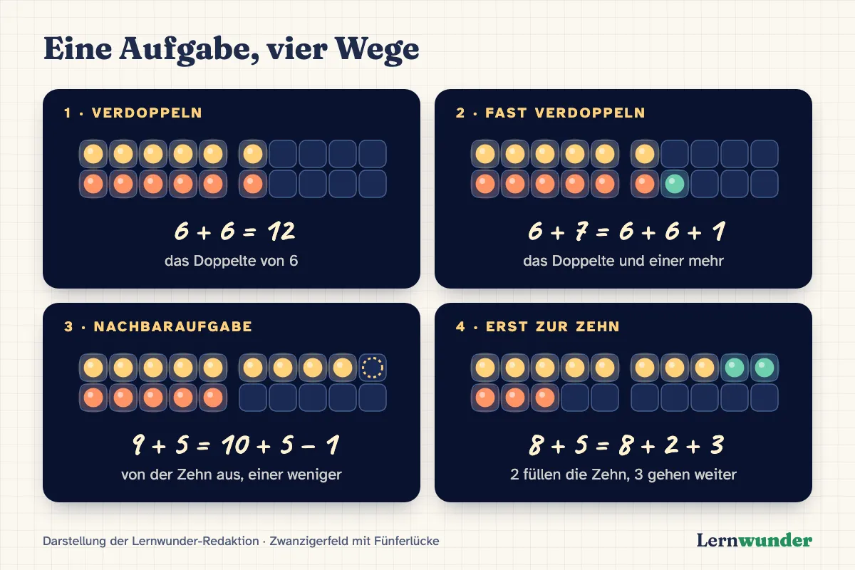 Grafik: Eine Aufgabe, vier Wege. Vier Karten mit Zwanzigerfeldern: Verdoppeln 6 + 6 = 12, Fast verdoppeln 6 + 7 = 6 + 6 + 1, Nachbaraufgabe 9 + 5 = 10 + 5 − 1, Erst zur Zehn 8 + 5 = 8 + 2 + 3.
