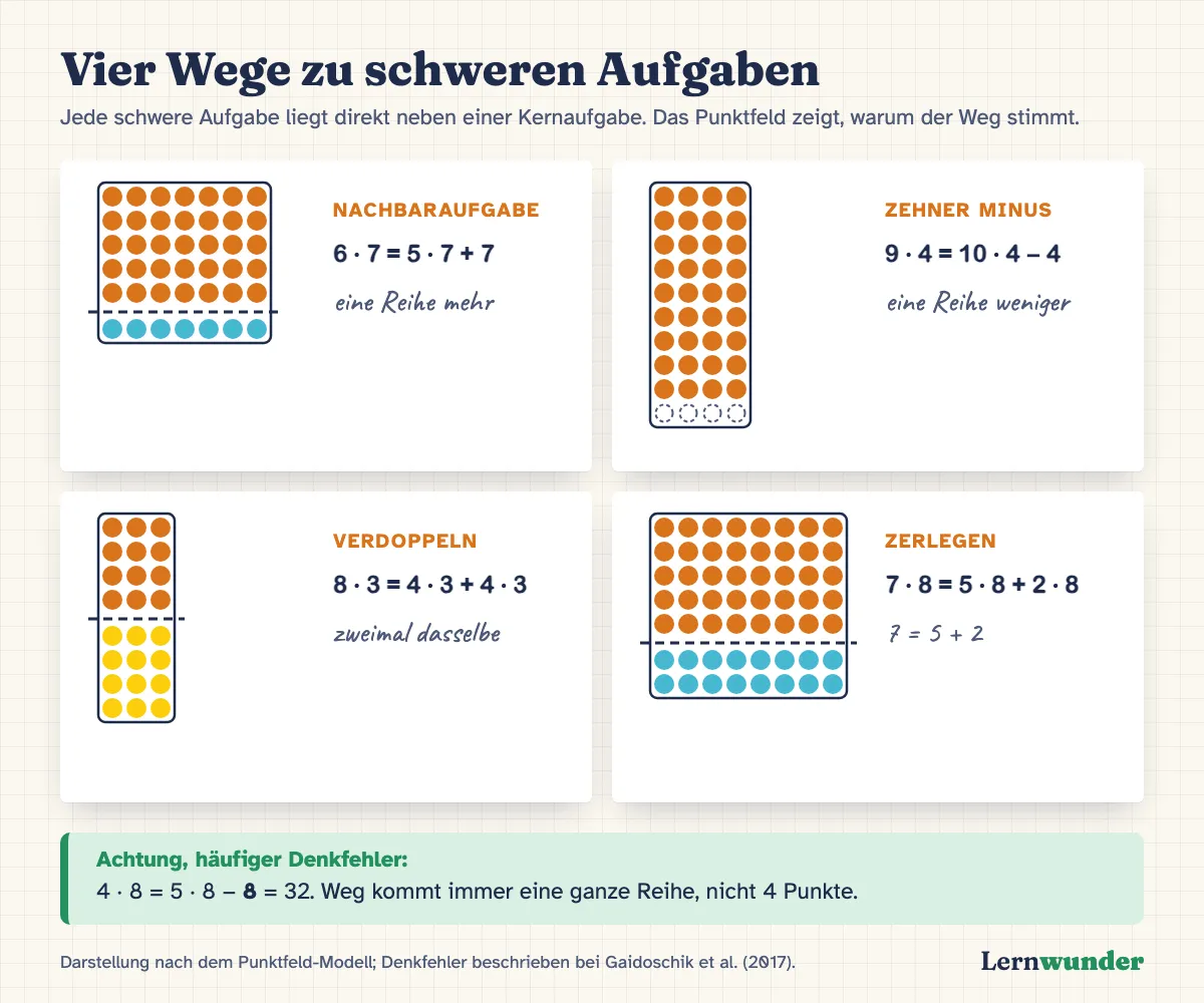 Grafik: Vier Wege zu schweren Malaufgaben, jeweils als Punktfeld. Nachbaraufgabe 6 · 7 = 5 · 7 + 7, Zehner minus 9 · 4 = 10 · 4 − 4, Verdoppeln 8 · 3 = 4 · 3 + 4 · 3, Zerlegen 7 · 8 = 5 · 8 + 2 · 8. Darunter der Hinweis: Weg kommt immer eine ganze Reihe, 4 · 8 = 5 · 8 − 8.