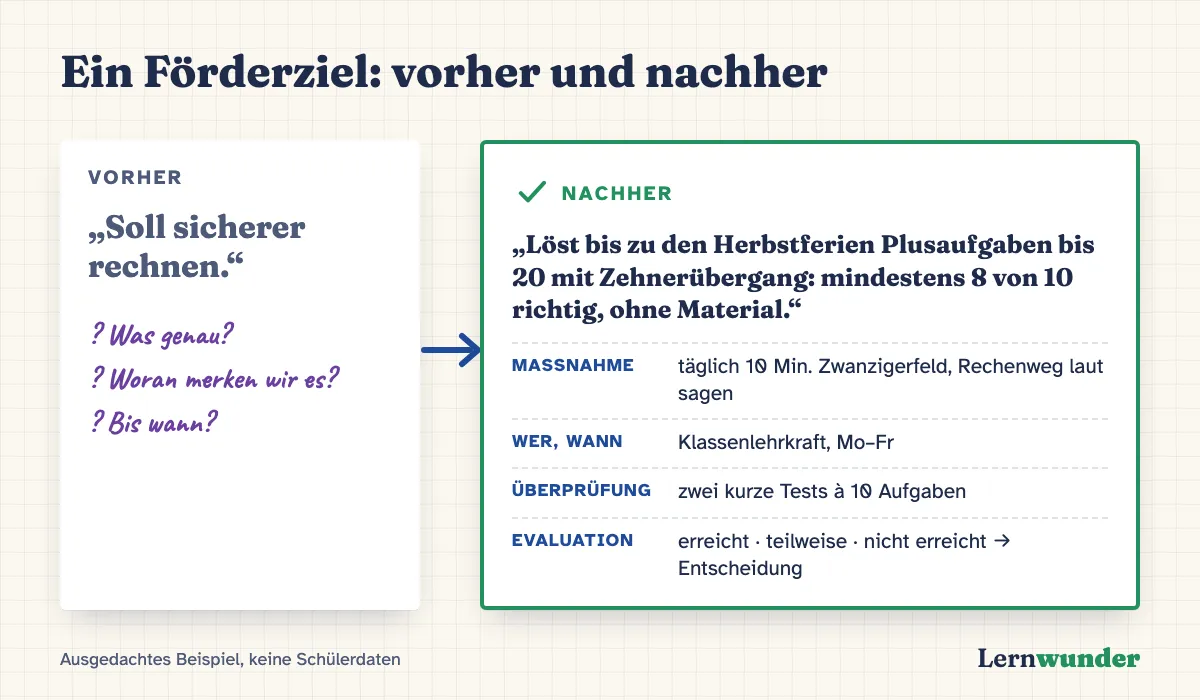 Grafik: Vorher und nachher. Vorher: „Soll sicherer rechnen.“ Nachher: „Löst bis zu den Herbstferien Plusaufgaben bis 20 mit Zehnerübergang: mindestens 8 von 10 richtig, ohne Material, in zwei kurzen Überprüfungen.“ Dazu Maßnahme, wer, wann und Evaluationstermin.
