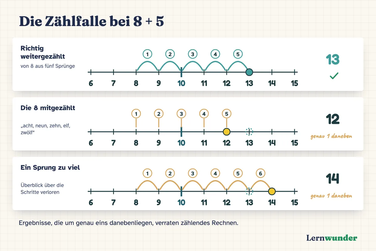 Grafik: Die Zählfalle bei 8 + 5. Oben richtig weitergezählt: von 8 aus fünf Sprünge bis 13. Darunter zwei typische Zählfehler: Die Acht wird mitgezählt, Ergebnis 12. Ein Sprung zu viel, Ergebnis 14. Beide Fehler liegen genau eins neben dem richtigen Ergebnis.