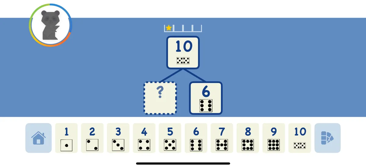 Screenshot from Zahlzerlegung: a number house with 10 at the top, 6 below it and an empty field with a question mark. Underneath, number cards 1 to 10, each with a digit and a dice pattern.