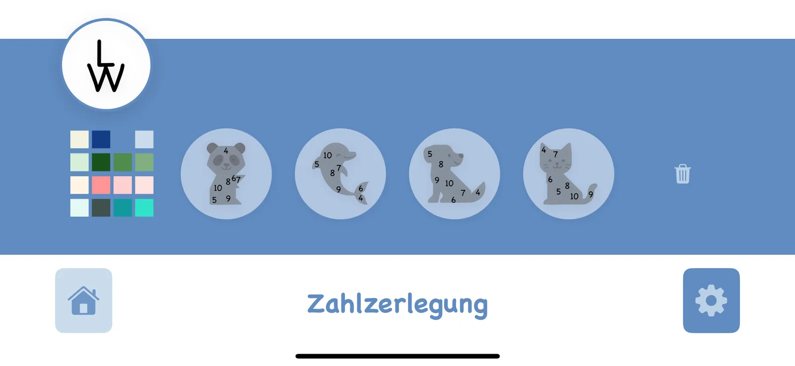 Screenshot of the start screen: four grey tangram animals – panda, dolphin, dog and cat – whose pieces are labelled with the numbers 4 to 10, next to the colour scheme picker.